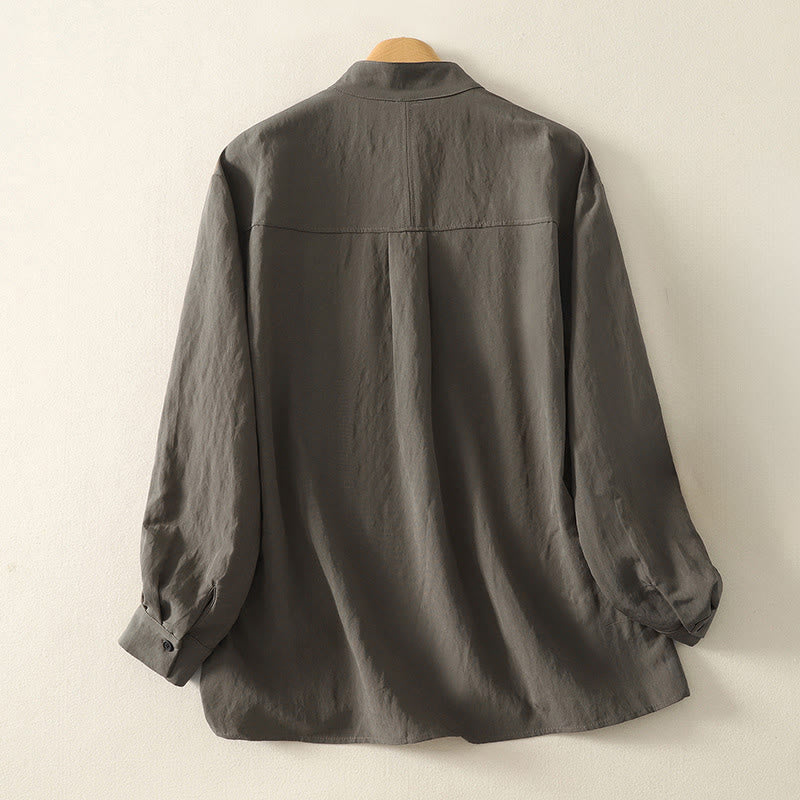 Buddha Stones Fall Stand Collar Chinese Frog-Button Simple Design Long Sleeve Women's Cotton Shirt - image 1