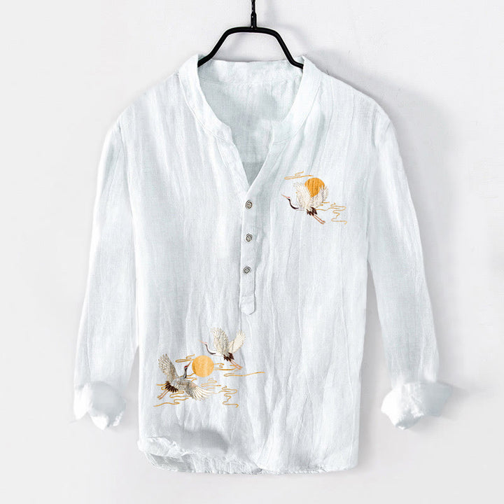 Buddha Stones Golden Sun Crane Pattern Half Buttons Men's Cotton Linen Long Sleeve Shirt - White - US/UK/AU50，EU60 (5XL) - image 3
