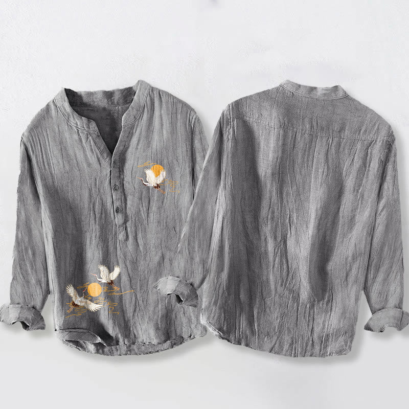 Buddha Stones Golden Sun Crane Pattern Half Buttons Men's Cotton Linen Long Sleeve Shirt - image 2