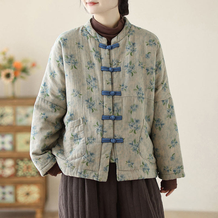 Buddha Stones Women's Long Sleeve Thermal Cotton Printed Florwer Pattern Jacket With Pockets - image 15