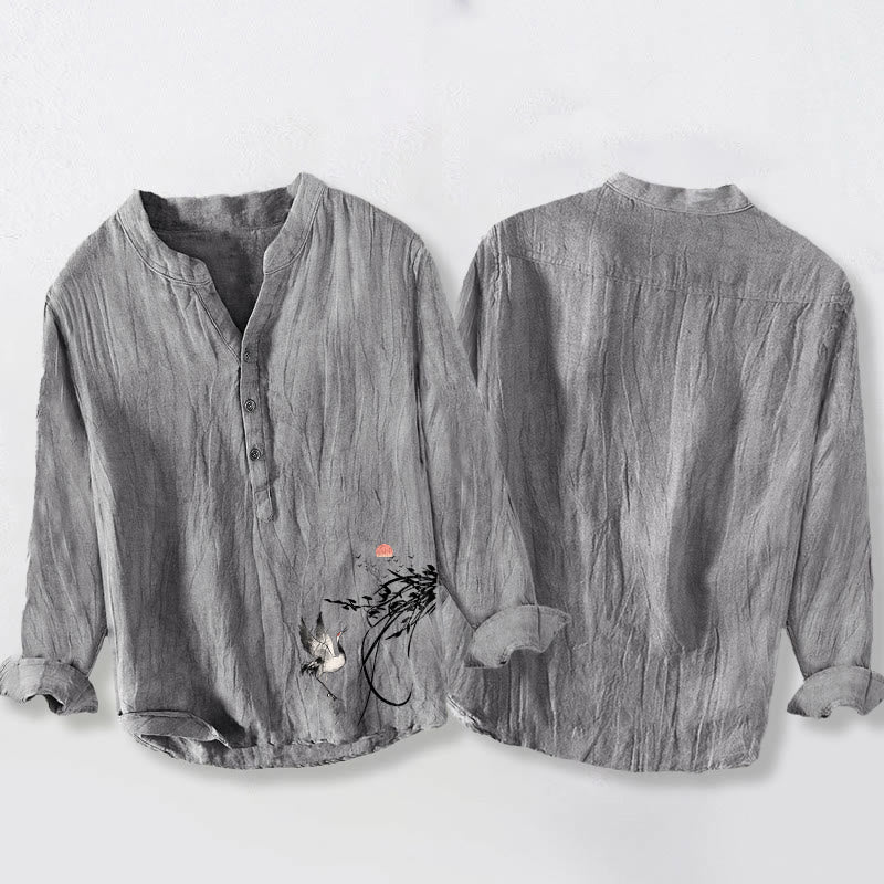 Buddha Stones Rising Sun Crane Branches Pattern Half Buttons Men's Cotton Linen Long Sleeve Shirt - image 5