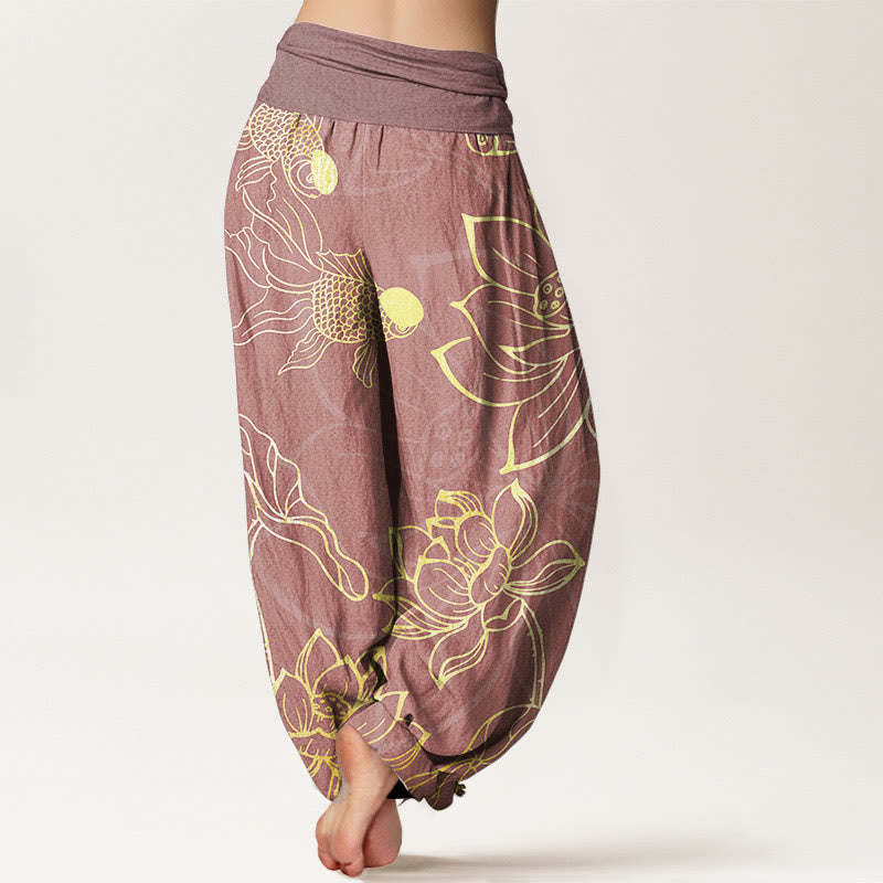 Buddha Stones Pure Cotton Lotus Leaf Koi Fish Women's Elastic Waist Harem Pants - image 7