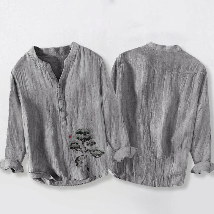 Buddha Stones Pine Tree Pattern Half Buttons Men's Cotton Linen Long Sleeve Shirt - image 5