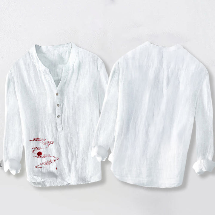 Buddha Stones Auspicious Clouds Red Sun Pattern Half Buttons Men's Cotton Linen Long Sleeve Shirt - image 5