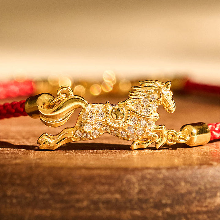 Buddha Stones Chinese Zodiac Year Of The Horse 925 Sterling Silver Golden Red String Luck Bracelet - image 3