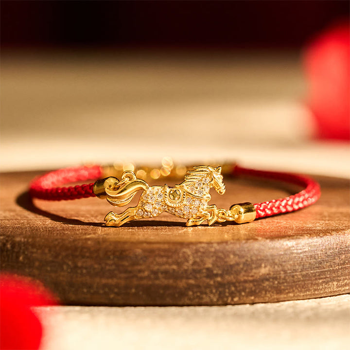 Buddha Stones Chinese Zodiac Year Of The Horse 925 Sterling Silver Golden Red String Luck Bracelet - Horse(Wrist Circumference 14-18cm) - image 0
