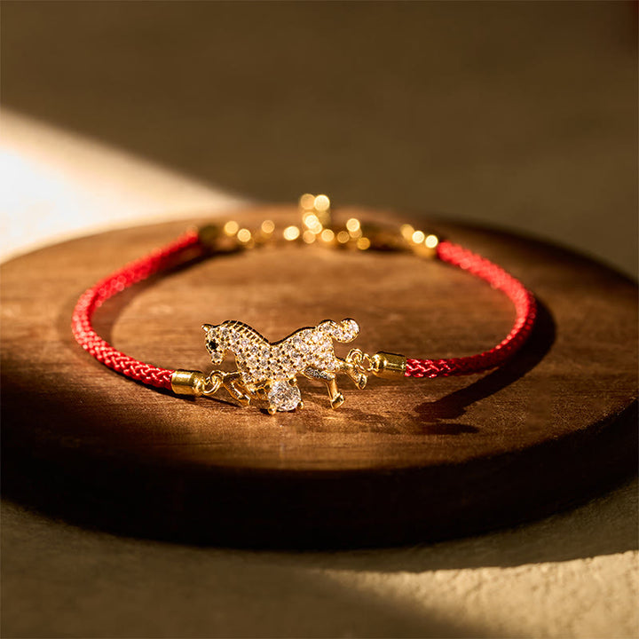 Buddha Stones 925 Sterling Silver Golden Year Of The Horse Red String Luck Adjustable Bracelet - Horse(Wrist Circumference 14-18cm) - image 0