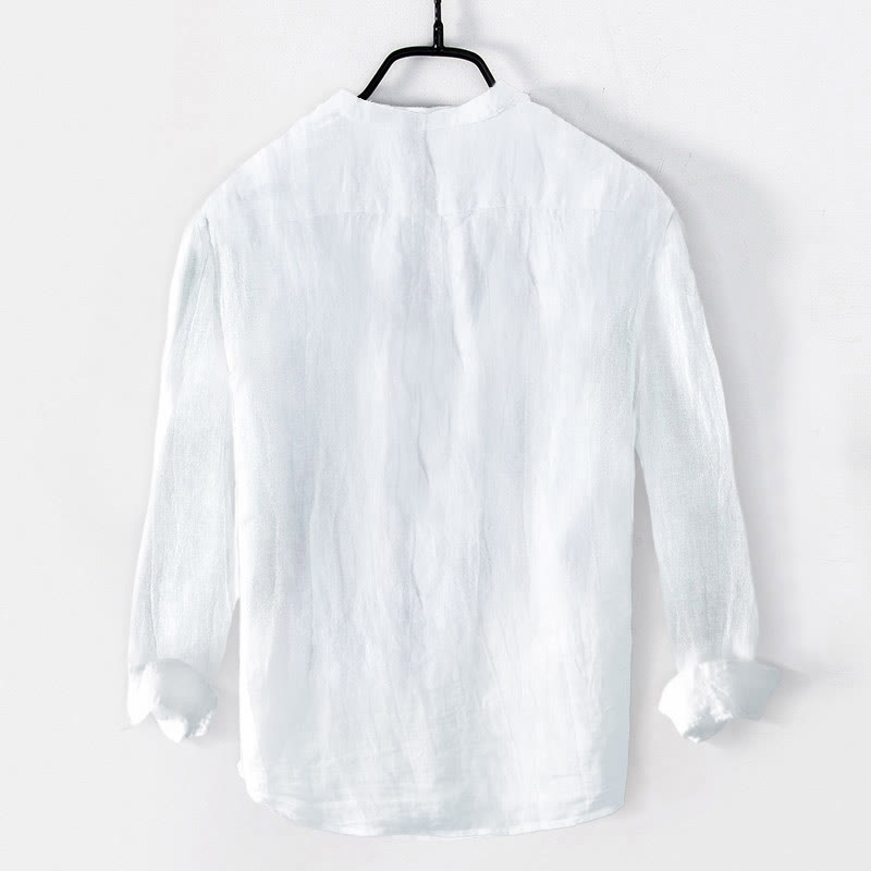 Buddha Stones Sun Crane Bamboo Leaves Pattern Half Buttons Men's Cotton Linen Long Sleeve Shirt - image 7