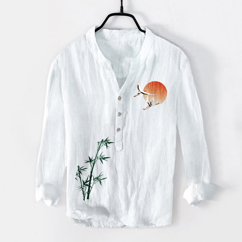 Buddha Stones Sun Crane Bamboo Leaves Pattern Half Buttons Men's Cotton Linen Long Sleeve Shirt - White - US/UK/AU50，EU60 (5XL) - image 6