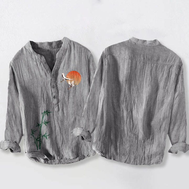 Buddha Stones Sun Crane Bamboo Leaves Pattern Half Buttons Men's Cotton Linen Long Sleeve Shirt - image 5