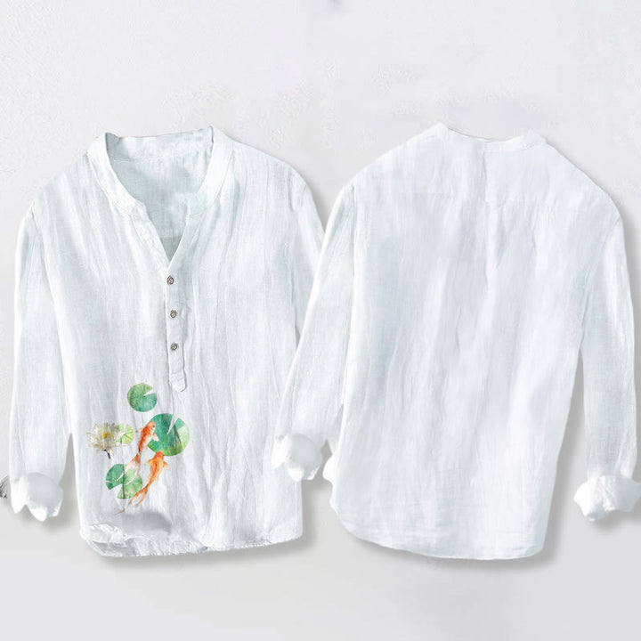 Buddha Stones Koi Fish Lotus Leaves Pattern Half Buttons Men's Cotton Linen Long Sleeve Shirt - image 2