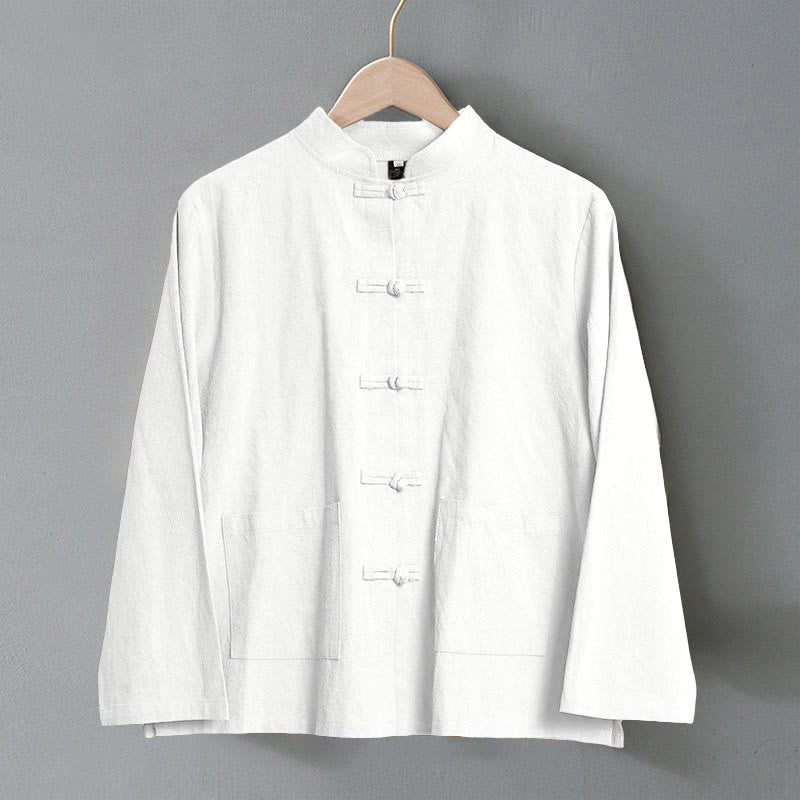 Buddha Stones Ethnic Frog-Button Long Sleeve Stand Collar Women's Cotton Shirt With Pockets - image 8