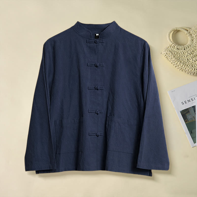 Buddha Stones Ethnic Frog-Button Long Sleeve Stand Collar Women's Cotton Shirt With Pockets - MidnightBlue - US12，UK/AU16，EU44 (2XL) - image 21