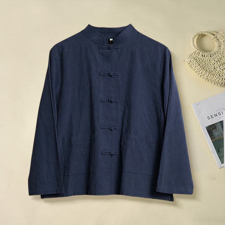 Buddha Stones Ethnic Frog-Button Long Sleeve Stand Collar Women's Cotton Shirt With Pockets - MidnightBlue - US8-10，UK/AU12-14，EU40-42 (2XL) - image 21