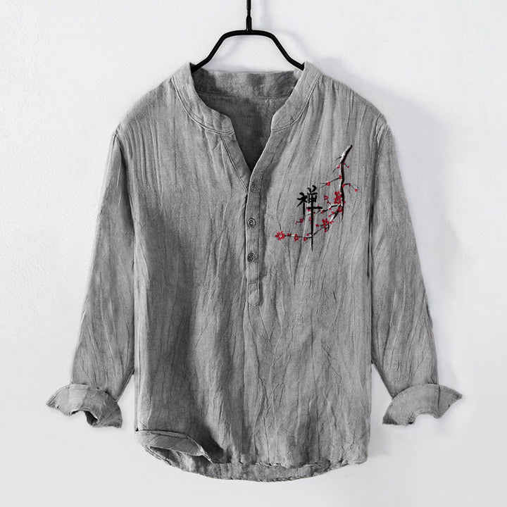 Buddha Stones Red Peach Blossoms Zen Pattern Half Buttons Men's Cotton Linen Long Sleeve Shirt - Gray - US/UK/AU50，EU60 (5XL) - image 3