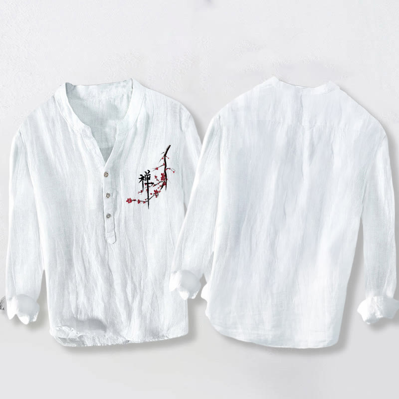 Buddha Stones Red Peach Blossoms Zen Pattern Half Buttons Men's Cotton Linen Long Sleeve Shirt - image 8