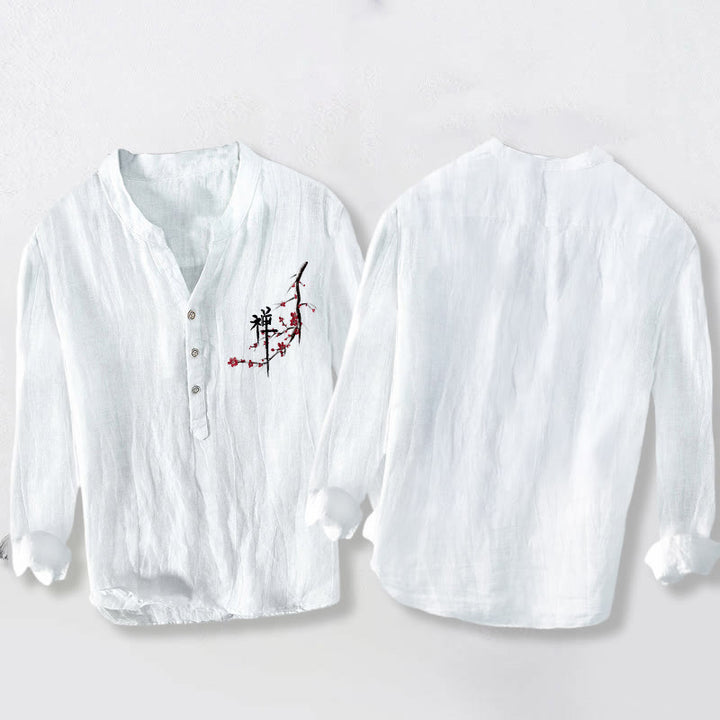 Buddha Stones Red Peach Blossoms Zen Pattern Half Buttons Men's Cotton Linen Long Sleeve Shirt - image 8