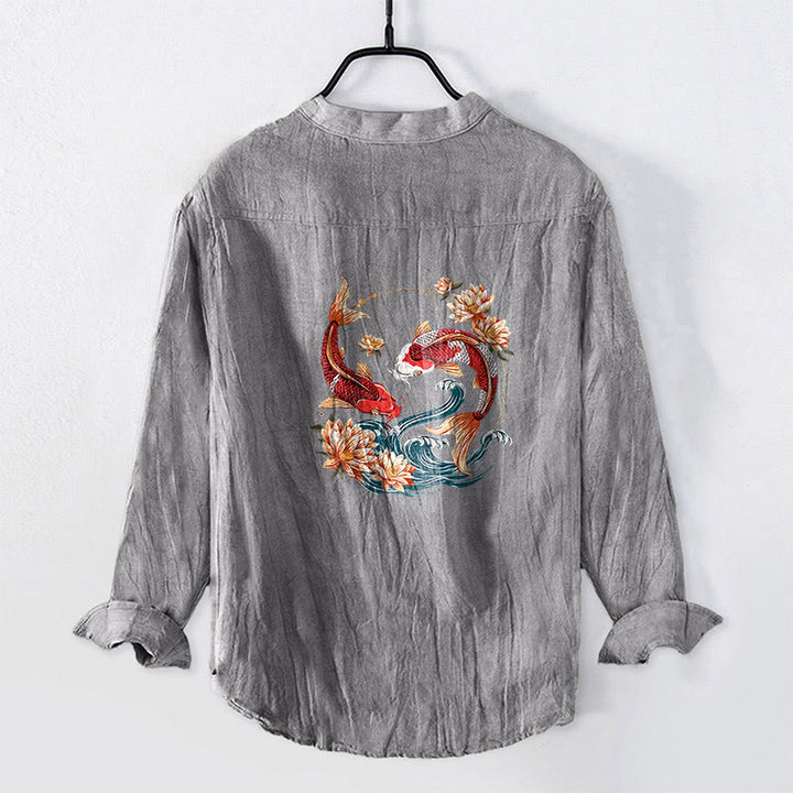 Buddha Stones Koi Fish Lotus Waves Pattern Half Buttons Men's Cotton Linen Long Sleeve Shirt - image 8
