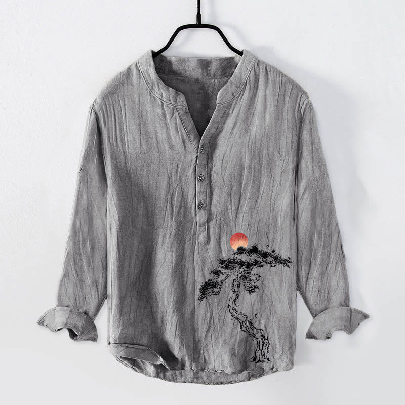 Buddha Stones Pine Tree Red Sun Pattern Half Buttons Men's Cotton Linen Long Sleeve Shirt - Gray - US/UK/AU50，EU60 (5XL) - image 3