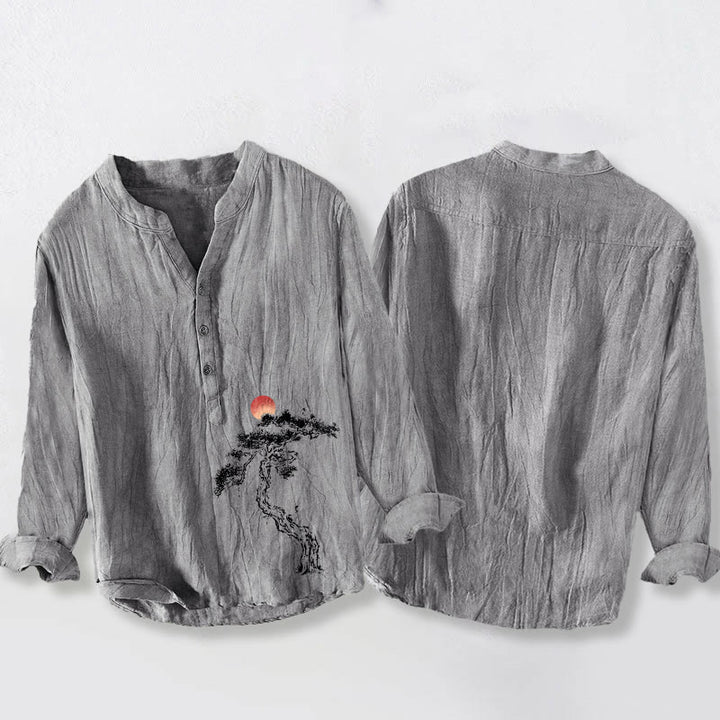 Buddha Stones Pine Tree Red Sun Pattern Half Buttons Men's Cotton Linen Long Sleeve Shirt - image 5