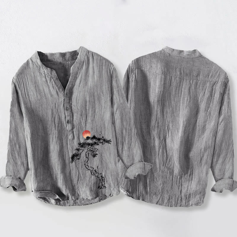 Buddha Stones Pine Tree Red Sun Pattern Half Buttons Men's Cotton Linen Long Sleeve Shirt - image 5