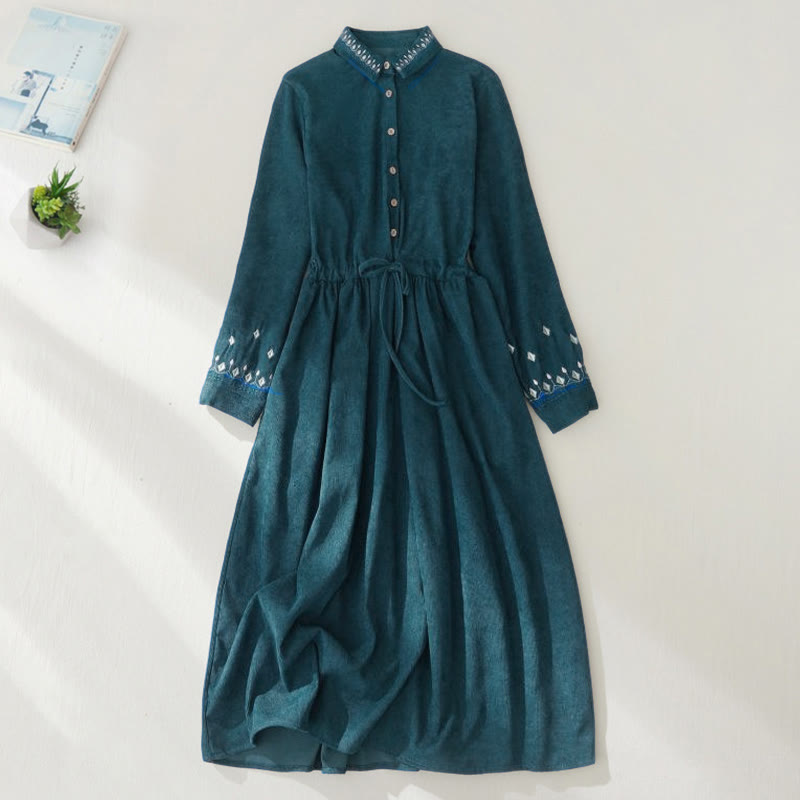 Buddha Stones Embroiderd Floral Pattern Lace-up Design Long Sleeve Midi Dress With Pockets - image 18
