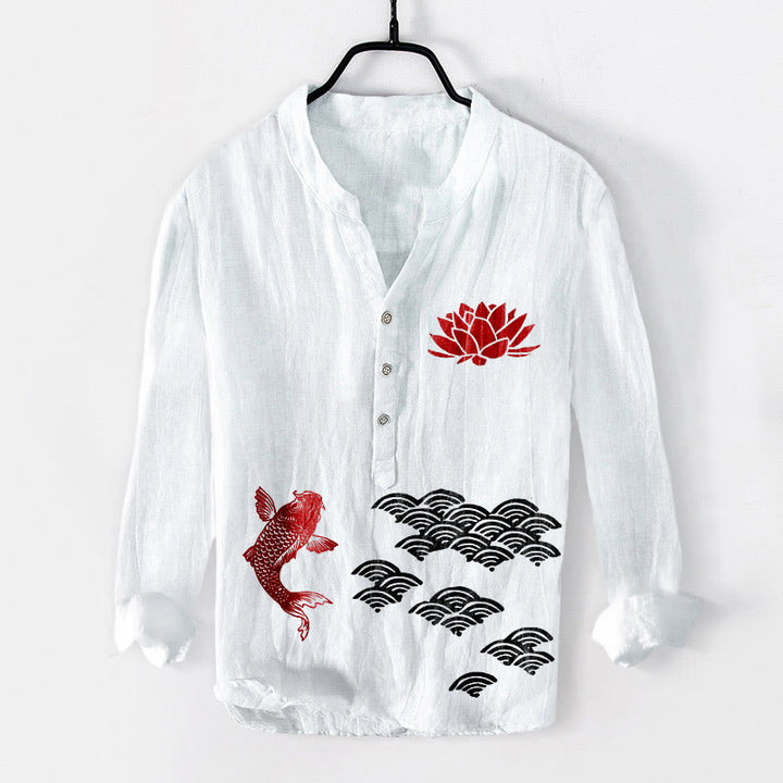 Buddha Stones Koi Fish Lotus Auspicious Clouds Half Buttons Men's Cotton Linen Long Sleeve Shirt - White - US/UK/AU50，EU60 (5XL) - image 3
