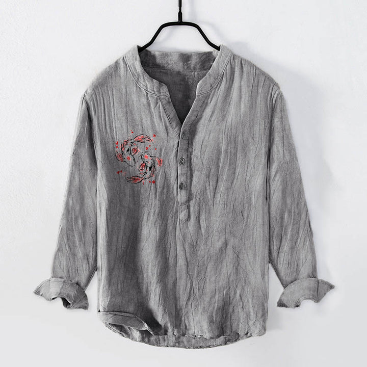 Buddha Stones Koi Fish Yin Yang Pattern Half Buttons Men's Cotton Linen Long Sleeve Shirt - Gray - US/UK/AU50，EU60 (5XL) - image 3