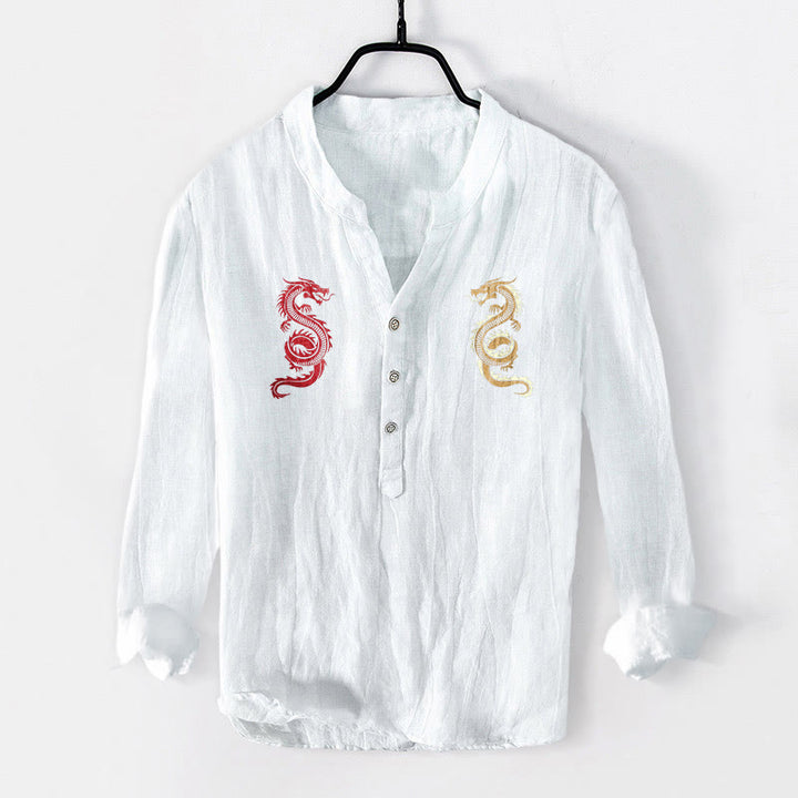 Buddha Stones Double Dragon Pattern Half Buttons Men's Cotton Linen Long Sleeve Shirt - White - US/UK/AU50，EU60 (5XL) - image 3