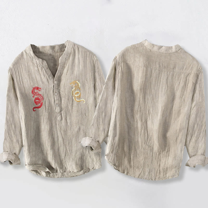 Buddha Stones Double Dragon Pattern Half Buttons Men's Cotton Linen Long Sleeve Shirt - image 8