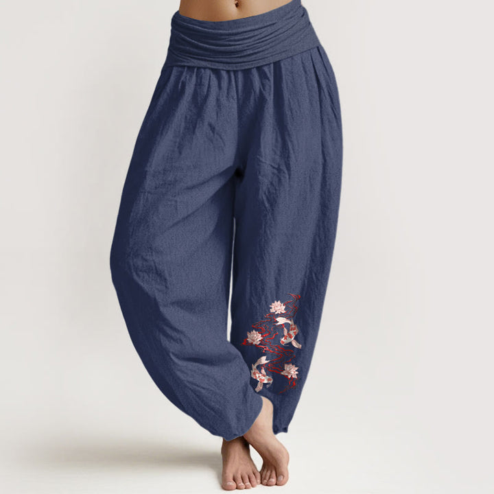 Buddha Stones Pure Cotton Lotus Koi Fish River Pattern Women's Elastic Waist Harem Pants - DarkSlateBlue - US16，UK/AU20，EU48 (3XL) - image 5