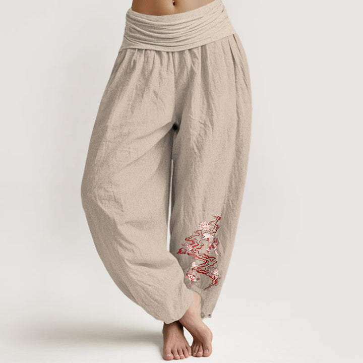 Buddha Stones Pure Cotton Lotus Koi Fish River Pattern Women's Elastic Waist Harem Pants - Tan - US16，UK/AU20，EU48 (3XL) - image 11
