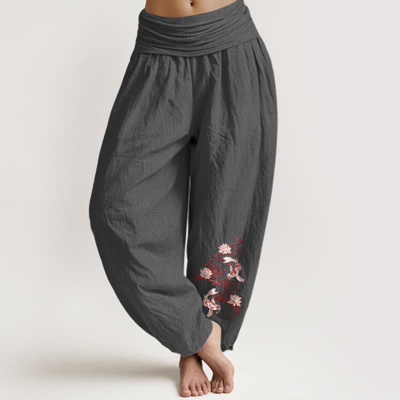 Buddha Stones Pure Cotton Lotus Koi Fish River Pattern Women's Elastic Waist Harem Pants - DimGray - US16，UK/AU20，EU48 (3XL) - image 8