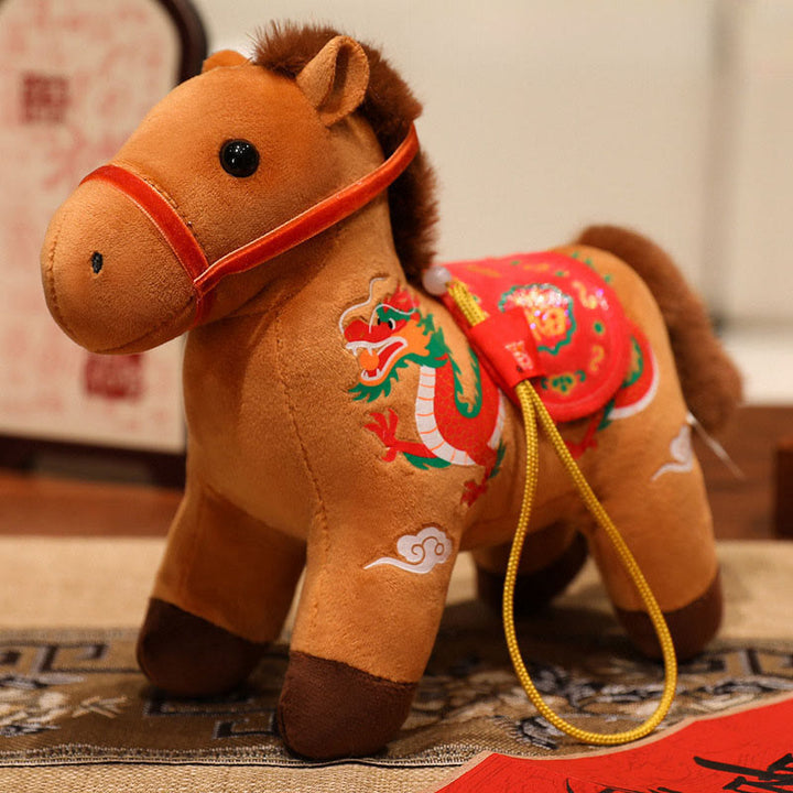 Buddha Stones Year of the Horse Bamboo Dragon Lotus Phoenix Plush Doll Home Decoration - Brown Dragon Horse - 20cm - image 15