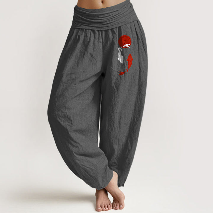 Buddha Stones Koi Fish Red Sun Pattern Pure Cotton Women's Elastic Waist Harem Pants - DimGray - US16，UK/AU20，EU48 (3XL) - image 5