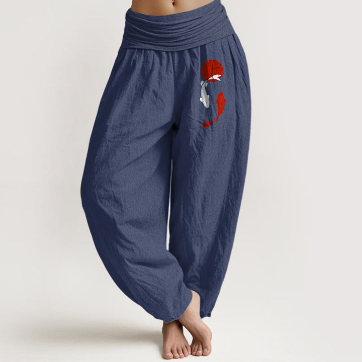 Buddha Stones Koi Fish Red Sun Pattern Pure Cotton Women's Elastic Waist Harem Pants - DarkSlateBlue - US16，UK/AU20，EU48 (3XL) - image 0