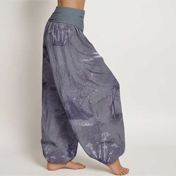 Buddha Stones Pure Cotton Casual Bamboo Rock Ink Painting Women's Elastic Waist Harem Pants - image 2