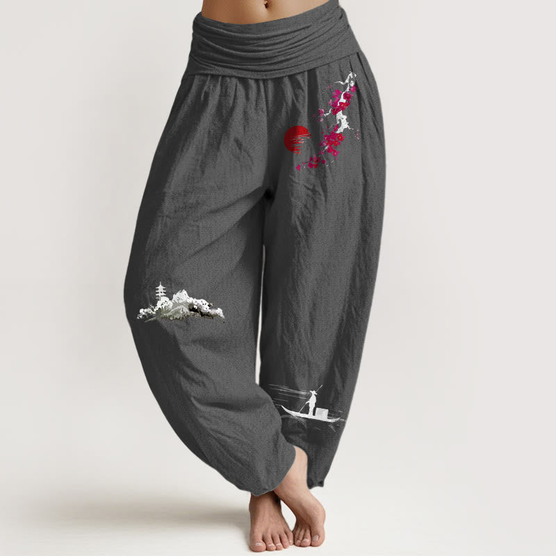 Buddha Stones Plum Blossoms Mountain Fisherman Pattern Pure Cotton Women's Elastic Waist Harem Pants - DimGray - US16，UK/AU20，EU48 (3XL) - image 14
