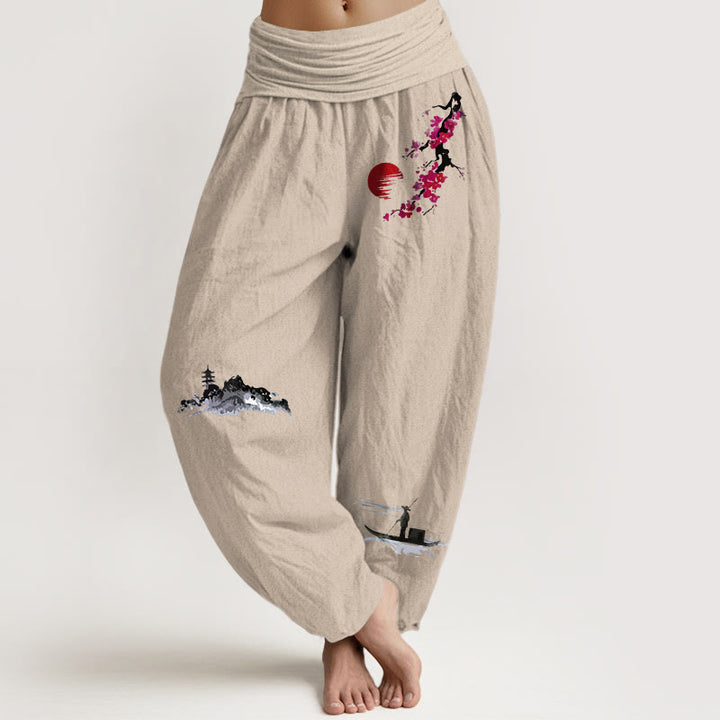 Buddha Stones Plum Blossoms Mountain Fisherman Pattern Pure Cotton Women's Elastic Waist Harem Pants - Tan - US16，UK/AU20，EU48 (3XL) - image 0