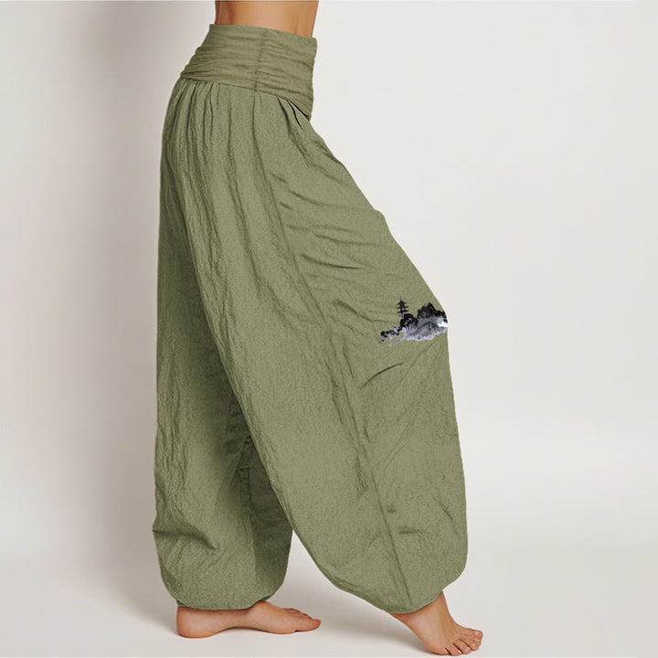 Buddha Stones Plum Blossoms Mountain Fisherman Pattern Pure Cotton Women's Elastic Waist Harem Pants - image 7