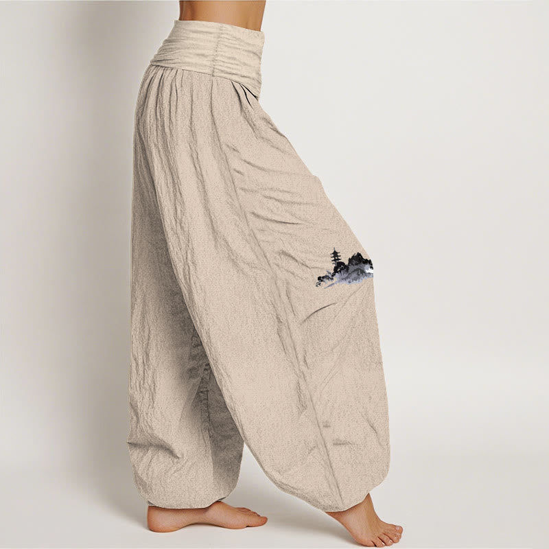 Buddha Stones Plum Blossoms Mountain Fisherman Pattern Pure Cotton Women's Elastic Waist Harem Pants - image 2