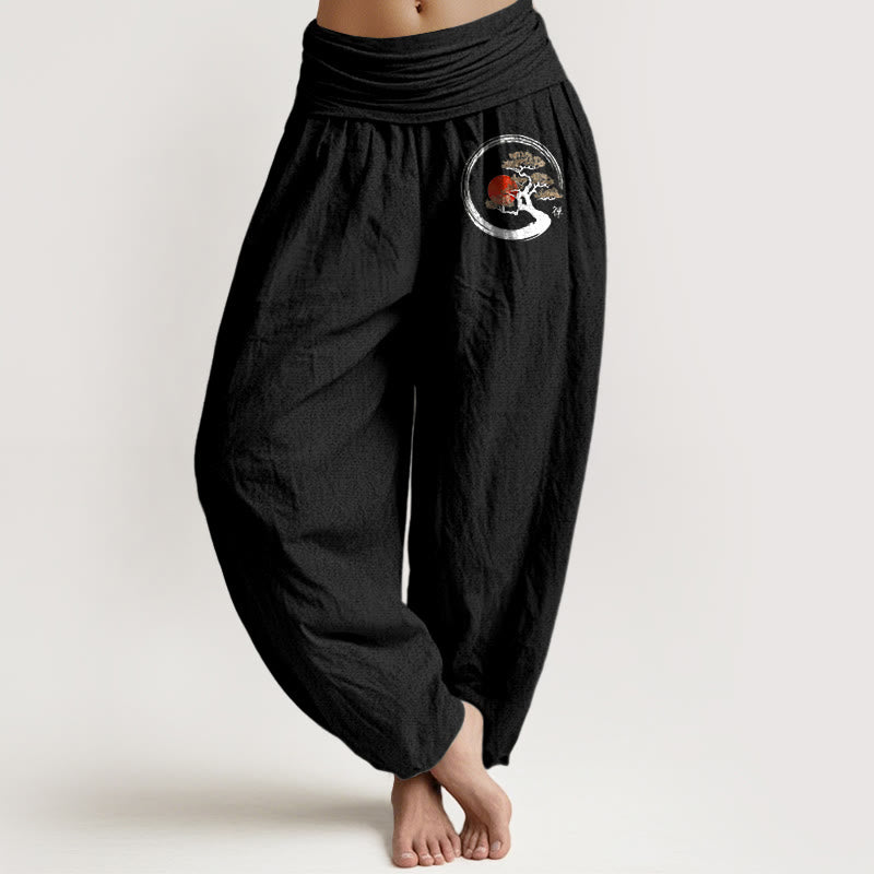 Buddha Stones Pine Tree Red Sun Zen Character Pattern Pure Cotton Women's Elastic Waist Harem Pants - Black - US16，UK/AU20，EU48 (3XL) - image 8