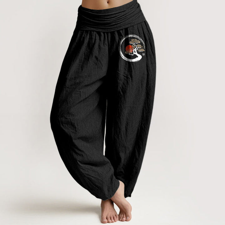 Buddha Stones Pine Tree Red Sun Zen Character Pattern Pure Cotton Women's Elastic Waist Harem Pants - Black - US16，UK/AU20，EU48 (3XL) - image 8