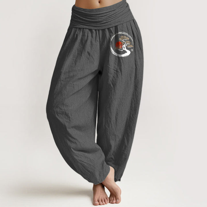 Buddha Stones Pine Tree Red Sun Zen Character Pattern Pure Cotton Women's Elastic Waist Harem Pants - DimGray - US16，UK/AU20，EU48 (3XL) - image 14