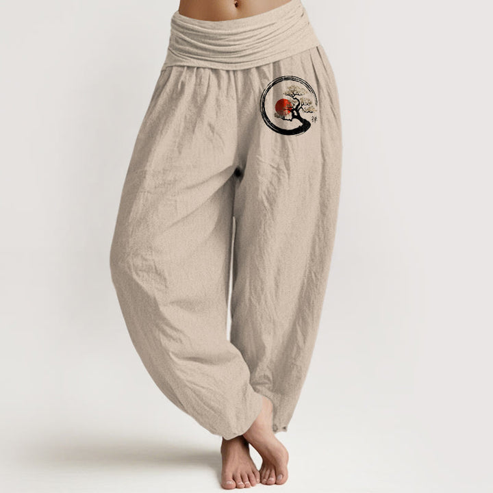 Buddha Stones Pine Tree Red Sun Zen Character Pattern Pure Cotton Women's Elastic Waist Harem Pants - Tan - US16，UK/AU20，EU48 (3XL) - image 0