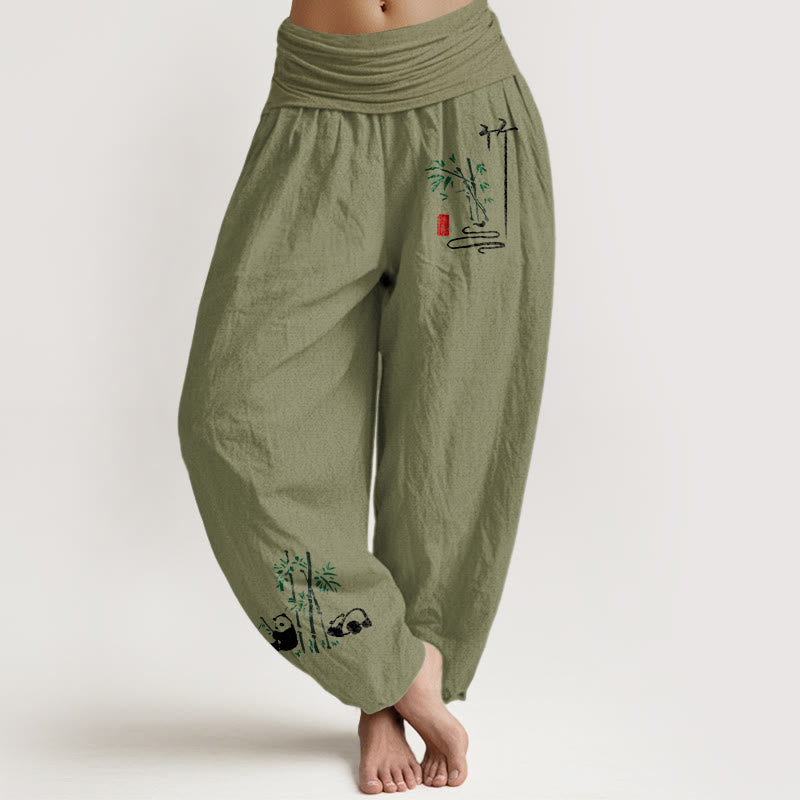 Buddha Stones Panda Bamboo Leaves Pattern Pure Cotton Women's Elastic Waist Harem Pants - OliveDrab - US16，UK/AU20，EU48 (3XL) - image 14