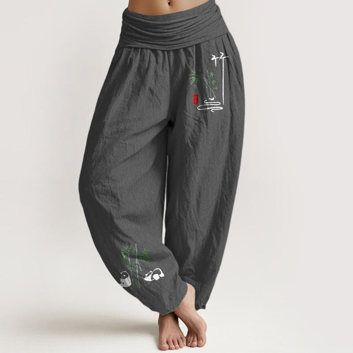 Buddha Stones Panda Bamboo Leaves Pattern Pure Cotton Women's Elastic Waist Harem Pants - DimGray - US16，UK/AU20，EU48 (3XL) - image 8