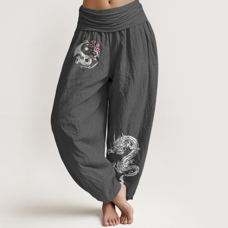 Buddha Stones Dragon Yin Yang Waves Flower Pattern Pure Cotton Women's Elastic Waist Harem Pants - DimGray - US16，UK/AU20，EU48 (3XL) - image 8