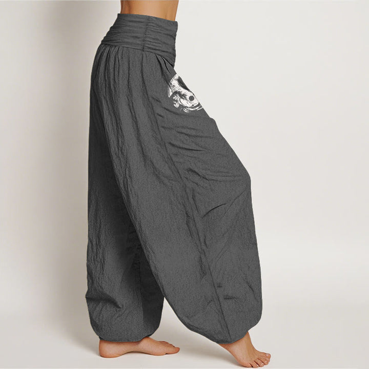 Buddha Stones Dragon Yin Yang Waves Flower Pattern Pure Cotton Women's Elastic Waist Harem Pants - image 10