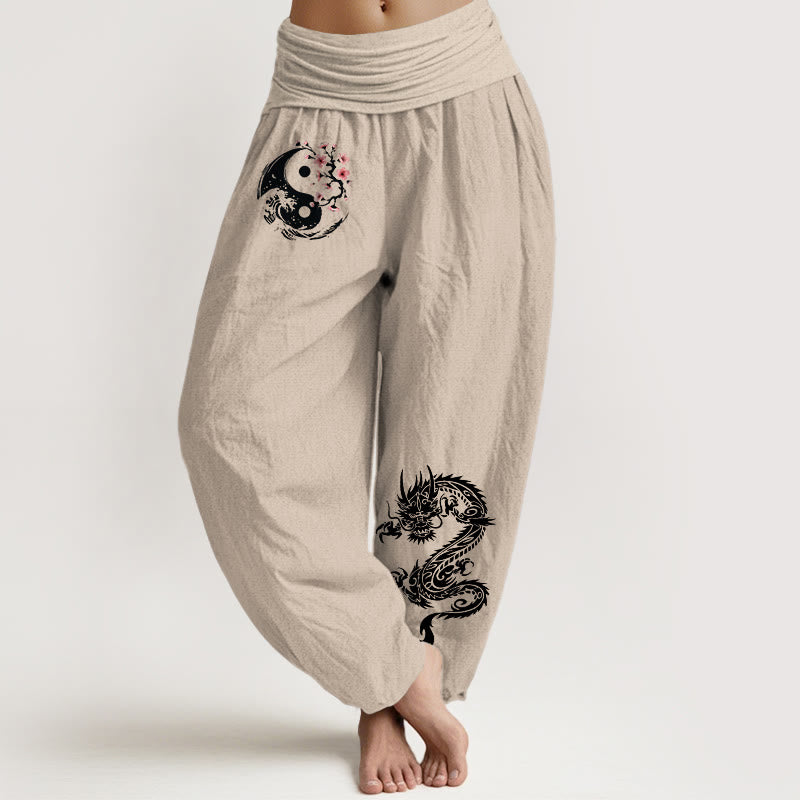 Buddha Stones Dragon Yin Yang Waves Flower Pattern Pure Cotton Women's Elastic Waist Harem Pants - Tan - US16，UK/AU20，EU48 (3XL) - image 11